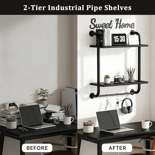 Tinpin Bathroom Shelves Wall Mounted, Rustic Farmhouse Pipe Shelves, Wall Shelves 2-Tier, Industrial Pipe Shelving, Floating Shelf Decor for Bathroom, Bedroom, Living Room Thanksgiving 17.3in Black - color: Black, size: 2 tier