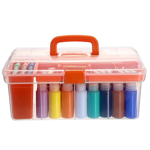 JUXYES Plastic Clear Craft Paint Bottle Storage Box with Divided Tray and Cleaning Cup, Portable Acrylic Paint Storage Organizer Case with Lid, Storage 36 Bottles of 2 fl. oz Acrylic Paints, Orange - color: Orange