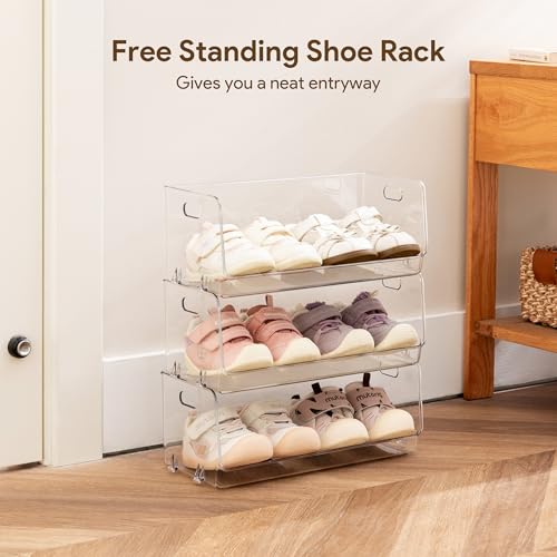 HBlife Clear Acrylic Kids Shoe Rack Baby Toddler Shoe Storage Organizer for Closet Floor Entryway Bedroom, 3 Tier Stackable Small Shoe Rack Shelf Display Stand - size: 3 Tier