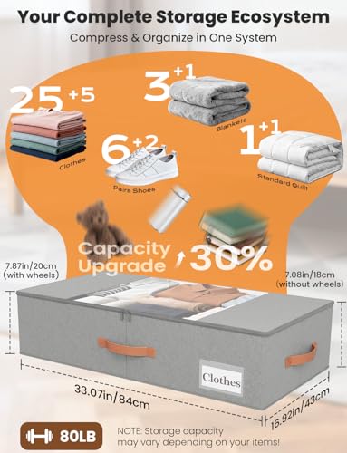 2-Pack Under Bed Storage Bins with Wheels and 6 Vacuum Seal Bags, Heavy Duty 80lbs Capacity, 65L Clear Lid Organizer for Dorm Bedroom Clothes Shoes Toys, Quick Assembly Space Saver (Gray, 7.9'' PLUS) - color: Gray, size: 7.9 inches PLUS