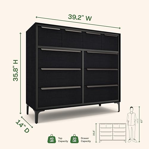 tinge Naima Premium Fabric Dresser - Strong Metal Frame, 10 Spacious Sag-Proof Drawers with Sleek Metal Handles - Premium & Durable Storage Solution for Your Home (Black) - color: Midnight Black, size: 14"D x 39.2"W x 35.8"H (10 Drawers)