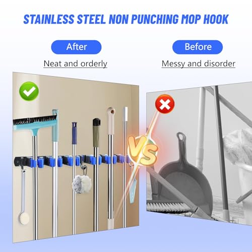 Broom Holder Mop Hanger Wall Mount Metal Organization Garage Storage System Laundry Room Closet Shed Garden Kitchen Tool Organizer (6 Racks with 3 Hooks, Blue)