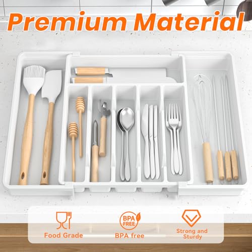 RoomHacks Large Silverware Organizer,Expandable Utensil Drawer Organizer,BPA Free Utensil Holder,Adjustable Silverware Tray Cutlery Drawer Organizer for Kitchen Flatware,Large,White (6-8 Slots) - color: White