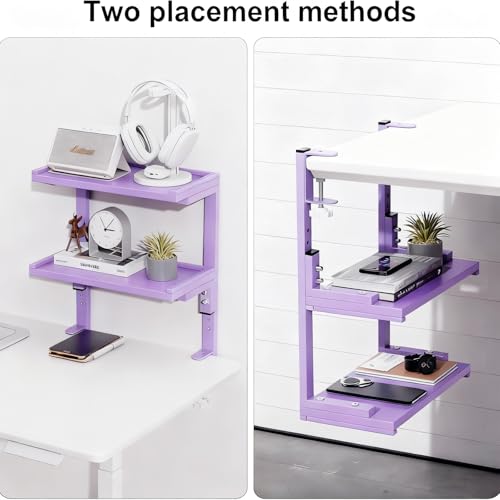 Spacrea clamp on Desk Shelf, 2 Tier Office Desk Shelves Organizer, Wood Desktop Supplies Storage Rack, Desk Organizers and Accessories (Purple) - color: Purple