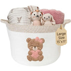 Pink Teddy Bear Storage Basket for Baby Girl Nursery – 15"x11" Cotton Rope Bin with Embroidered Bear Patch – Toy Organizer, Baby Laundry Hamper, Blanket & Diaper Holder – Foldable & Washable - color: Girl Teddy