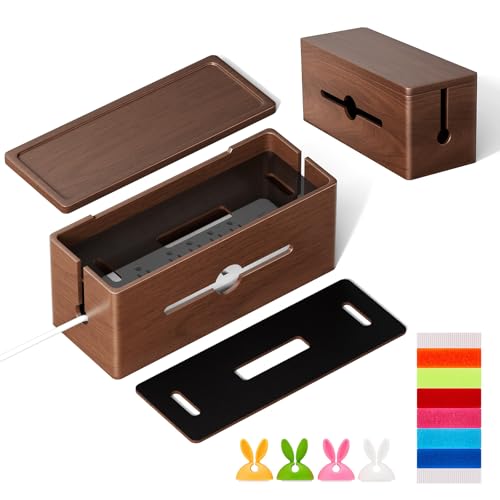Extra Large Cable Management Box – Brown Double Layer Wooden Cord Organizer with Divider for Desk, TV Stand, Kitchen, and Office （NO Power Strips or Chargers）