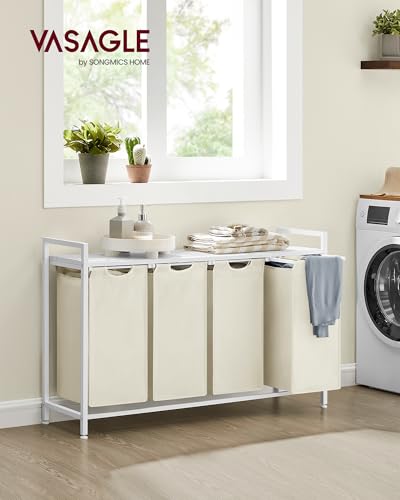 VASAGLE Laundry Hamper, Laundry Basket, Laundry Sorter with 4 Pull-Out and Removable Bags, Shelf, Metal Frame, 4 x 10.6 Gallons (40 L), 45.7 x 13 x 28.4 Inches, Cream White and Cloud White UBLH401W01 - color: Cream White + Cloud White, size: 4 Bags - 160