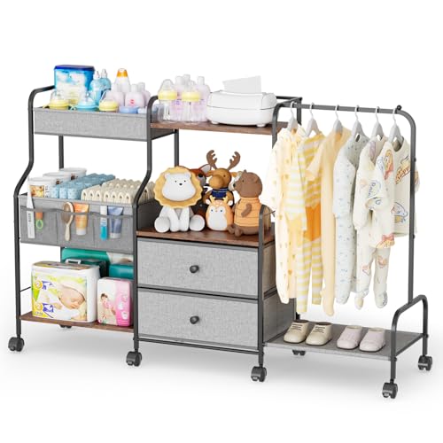 BBLIKE Diaper Caddy Organizer with Hanging Rack - 3 Tier Rolling Utility Cart with Drawers and Dividers for Baby Bottle Storage - Bedside Cart for Changing Station, Crib, Nursery, Bedroom, Gray - color: Grey