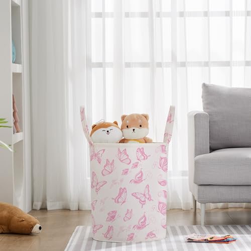 TECHMILLY Large Storage Basket for Girls and Boys, Collapsible Laundry Hamper with Long Handles, Toy Bins for Nursery, Kids Room Décor (Pink Butterfly) - color: Pink Butterfly, size: 1 Pack