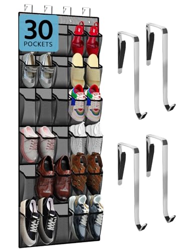 PAULONE Over the Door Organizer with 30 Large Pockets, 3 Sizes of Closet Hangers, Holds up to 69 lbs, Hanging Organizer with Clear Window for Children's Toys, Shoes, Diapers (Gray) - color: Gray