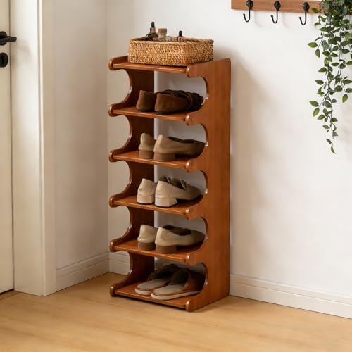 Tall Narrow Solid Wood Shoe Rack, 6 Tier Vertical Shoe Storage Tower, Freestanding Corner Organizer for Small Entryways, Slim Space-Saving Shoe Rack (12.6" L x 9.84" W x 32.1" H) - size: 6layers 32.1"H