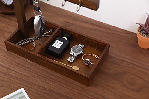 Wood Entryway Tabletop Key Holder Rack，Rustic Burnt Decorative Organizer with Storage Tray and Brass Tone Hooks，Jewelry Key Stand Hanging Organizer