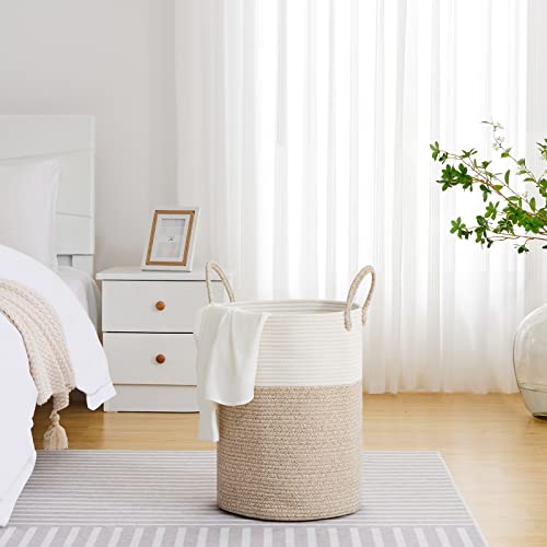 VIPOSCO Large Laundry Hamper, Tall Woven Rope Storage Basket for Blanket, Toys, Dirty Clothes in Living Room, Bathroom, Bedroom - 58L White & Brown - color: Brown, size: 58L