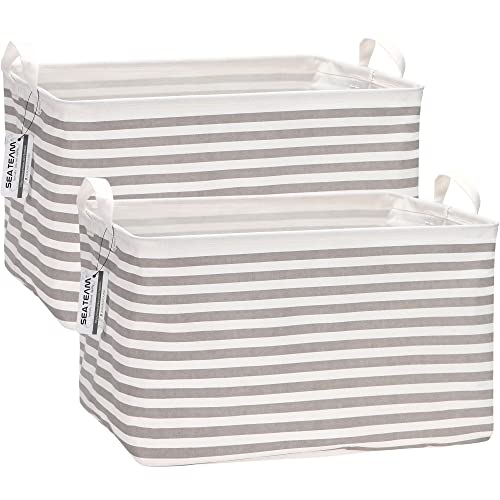 Sea Team 2-Pack Collapsible Canvas Fabric Storage Basket with Handles, Rectangle Waterproof Storage Bin, Box, Cube, Foldable Shelf Basket, Closet Organizer, 16.5 x 11.8 x 9.8 Inches, Grey Stripe - color: Stripe/Grey, size: 16.5 Inch (Pack of 2)