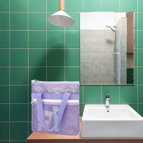 Fammart Mesh Shower Caddy Portable with Zipper & 2 Pockets - Quick Dry Shower Caddy Hanging for Travel Gym Camp Beach - Organizer Bag Bathroom Essentials for College Dorm - color: Small, Zipper Closure - Purple
