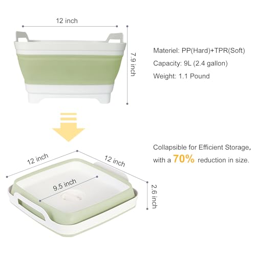 Collapsible Dish Tub 9L-Collapsible Basin Bucket Portable Sink-Outdoor Multiuse Foldable Sink Tub Wash Dish Basin for Kitchen Basin RV Camping (Green) - color: Green
