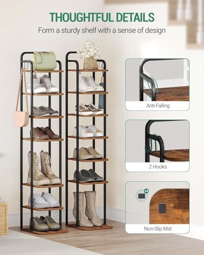 Hzuaneri 8 Tiers Vertical Shoe Rack, Narrow Shoe Tower, Tall Shoes Shelf with 2 Hooks, Adjustable Shelves, Corner Shoes Shelves for Small Spaces, Entryway, Living Room, Rustic Brown SR04301B - color: Rustic Brown and Black, size: 8 Tier(11.8"D x 10.4"W x