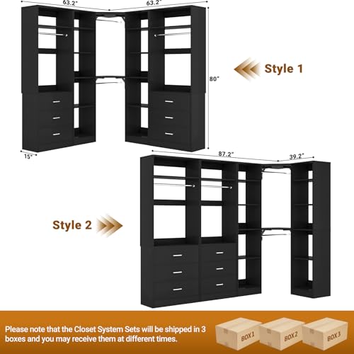 Besiost Corner Closet System with 6 Drawers, Closet Organizer System with 14 Shelves & 4 Hanging Rods, 87.2"L * 39.2"W / 63.2"L * 63.2"W Reversible L Shaped Walk-in Closets, Load 2500+LBS, Black - color: Black, size: 39.2" * 87.2"