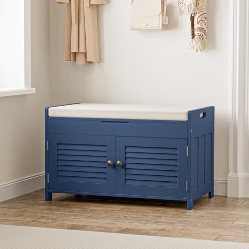 WARMHONIU Shoe Storage Bench with Lift Top Storage, Entryway Bench with Cushioned Seat, Adjustable Shelf, 2 Tier Shoe Rack with Doors for Entryway, Bedroom, Hallway, Mudroom, Blue - color: Blue, style: Lift Top Storage