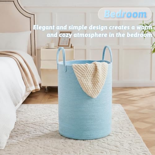 Laundry Basket,Woven Cotton Rope Laundry Hamper,60L for Decor Storage of Dirty Clothes,Toys and Blankets in Bathroom,Baby Room and Living Room - color: Blue, size: 60L