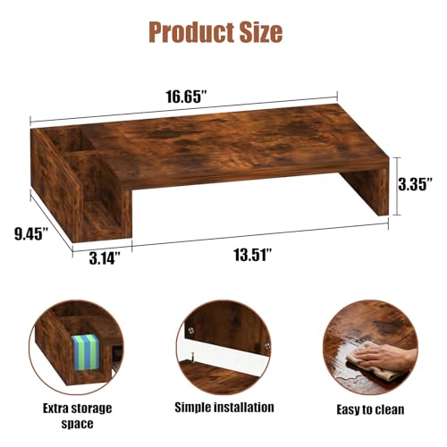 Wooden Single Monitor Stand Riser, 16" Long with Storage Pen Holders, Laptop Desk Stand, Desktop Shelf Office Desk Accessories, Computer Monitor Riser for Home Office, Rustic Brown (Single) - size: Single
