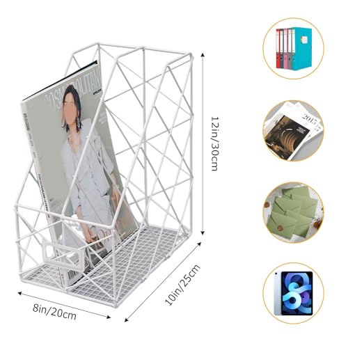 Modern Geometric Metal File Organizer for Desk, 8"×10"×12" Iron Mesh Magazine Holder, Desktop Document Rack Storage for Office Supplies, Vertical Book Stand File Folder Rack (White) - color: White