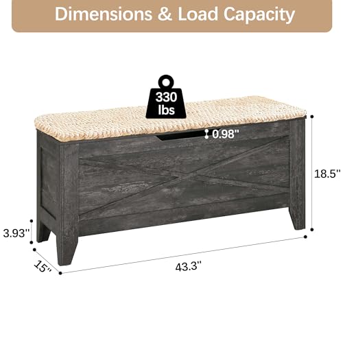 VECELO 43.3" Storage Bench, Entryway Shoe Ottoman, Farmhouse Style Bench with Handwoven Cushion and Metal Safety Hinges, for Bedroom, Living Room, Entryway, Gray - color: Grey, size: 43.3"W
