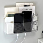 Adhesive Remote Control Holder Wall Mounted Phone Charging Holder Universal Controller Holder Wall Mount Storage Organizer Box No Drilling Home Office Desk (Bedside Shelf)