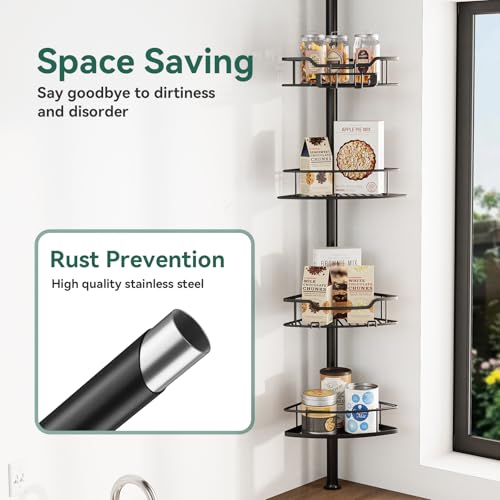 Corner Shower Caddy Tension Pole, 4 Tier Rustproof Shower Tension Rod Organizer, Adjustable 25-125 Inch Bathroom Shower Organizer Shelves for Bathtub Shampoo Storage, Black - color: Black