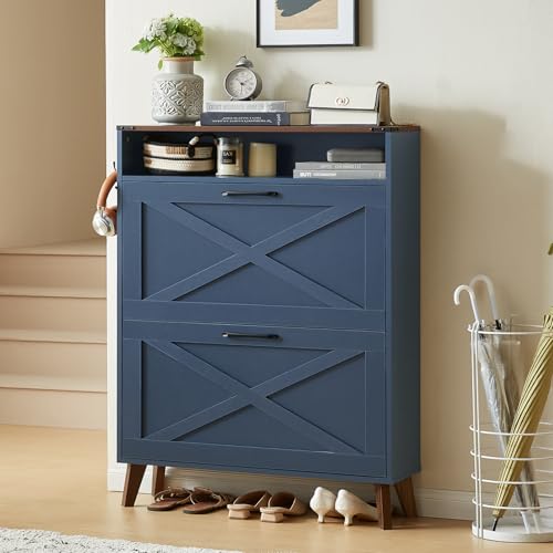 Joaxswe Shoe Cabinet Storage for Entryway with 2 Flip Drawers 2 Hook Open Storage Layer Rack Narrow Organizer Slim Hidden Wood Shoe Cabinet Furniture Dark Blue - color: Dark Blue