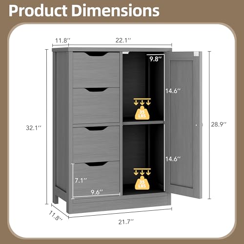 Walsunny Bathroom Floor Storage Cabinet, Wooden Storage Organizer with 4 Drawers and 1 Cupboard, Freestanding Entryway Storage Unit Console Table, Gray - color: Grey, style: 4 drawers