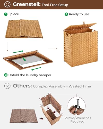 Greenstell Laundry Hamper with lid, No Install Needed, 110L Wicker Laundry Baskets Foldable 2 Removable Liner Bags, 2 Section Clothes Hamper Handwoven Rattan Laundry Basket with Handles, Natural - color: Natural, size: 110L (22.2x13.3x24.0 Inches)