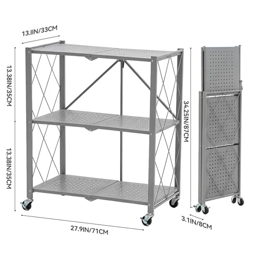 BRIAN & DANY 3-Tier Foldable Storage Shelves with Wheels, No Assembly Folding Shelf Metal Rack, Shelving Unit for Kitchen, Garage, Gray - color: Grey, size: 3-tier