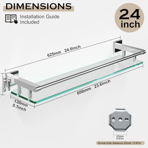Glass Shelf for Bathroom Wall Sheves 24 inches Rectangular Stainless Steel Tempered Glass Modern Wall Mount Accessories Organizers Storage (Chrome Polished, 24‘’) - color: Chrome Polished, size: 24'' with Railing