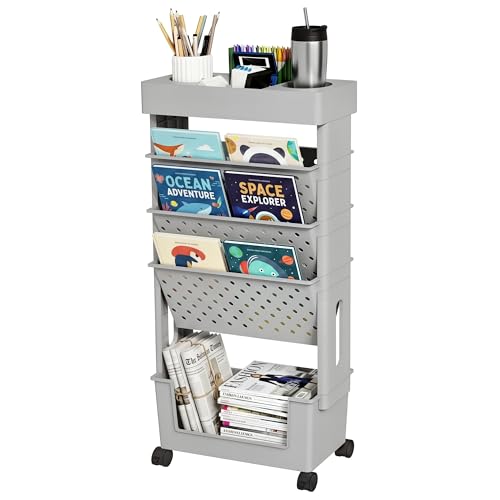 5-Tier Mobile Bookshelf, Rolling Bookcase Book Storage Rack, Movable File Folder Organizer Cart with Wheels for Home Study Office Living Room Classroom, Gray - color: Grey, size: 5-Tier