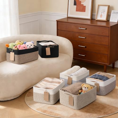 Goodpick 4 Pack Storage Baskets for Shelves, Rectangle Cotton Rope Baskets for Organizing, Closet Storage Bins for Baby Toys, Decorative Woven Basket with Handles, 13''L x 8''W x 6''H, Black - color: Black