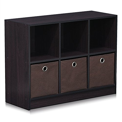 Furinno BASIC Book Shelf, 6-Cube Bookshelf with Open Shelf, 3 x 2 Bookcase with Storage Bins, Closed Back, Horizontal, 11.9 x 31.6 x 23.6, for Living Room, Bedroom, Home Office, Dark Walnut - color: Dark Walnut, size: 6-Cube with Bin