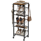 6 Tier Rotating Shoe Rack Tower with Wheels, Wooden Shoe Storage Organizer with Hooks, Sturdy Metal Narrow Shoe Shelf for 6-12 Pairs, Vertical Organizer for Closet Entryway, Rustic Brown - size: 6-tier(13.9 × 11.2 × 38.6)