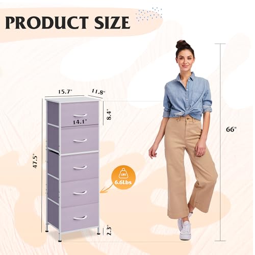 WLIVE Fabric Dresser, 5-Drawer Tall Dressers for Bedroom, Storage Dresser Organizer with Fabric Bins, Wood Top, Sturdy Steel Frame, Chest of Drawers for Closet, Hallway, Purple - color: Purple
