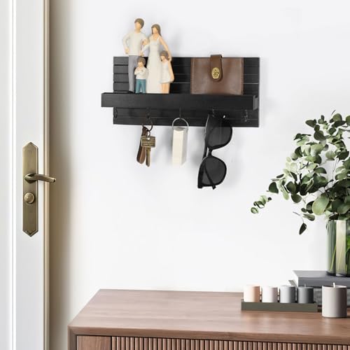Lwenki Decorative Key Holder for Wall with Shelf, Entryway Shelf with Hooks Holds Leashes, Jackets and Glasses – Sturdy Wood Keyholder Entrance Hanger with Mounting Hardware (Black, Medium) - color: Black, size: Medium