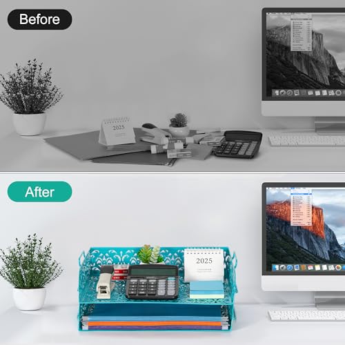 EasyPAG Paper Organizer for Desk 2 Tier Stackable Paper Tray for A4 Legal Size Folders Metal File Storage Desktop Organizer for Home Office School Teacher, Dark Teal - color: Dark Teal