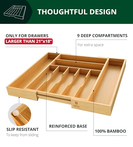 ROYAL CRAFT WOOD Luxury Bamboo Kitchen Drawer Organizer - Silverware Organizer, Utensil Holder & Cutlery Tray Drawer Dividers for Flatware (9 Slot, Natural) - color: Natural, size: 9 Slot