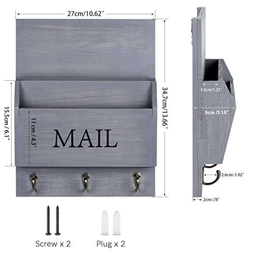 DLQuarts Mail Organizer with Key Holder for Wall Decorative Mail Sorter Wall Mounted, Wooden Mail Holder with 3 Hooks, Gray - color: Gray