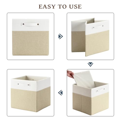 FinishingBo 13 x 13 Inch Fine Linen Storage Bins with Handles，Fabric Cube Boxs，Basket Organizers for Shelves for Home, Closet Drawers (White/Khaki-6 Pack) - color: White/Khaki-6 Pack