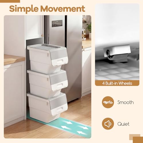 Giantex Plastic Stackable Storage Bins with Lids & Wheels, 6 Pack Open Front Stacking Bins, Organizer Bins for Pantry, Kitchen, Laundry, Closet, Playroom, Bedroom Organization （12.5 QT） - color: White + Gray, size: 6 Pack, 12.5 QT