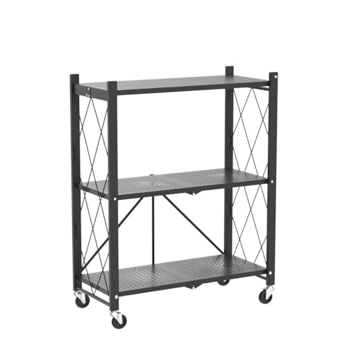 DEANIC 3 Tier Foldable Storage Shelves with Wheels, Kitchen Appliance Stand, Freestanding Metal Wire Shelf Rack, No Assembly Organizer Rolling Cart for Garage, Basement, Pantry (Black) - color: Black