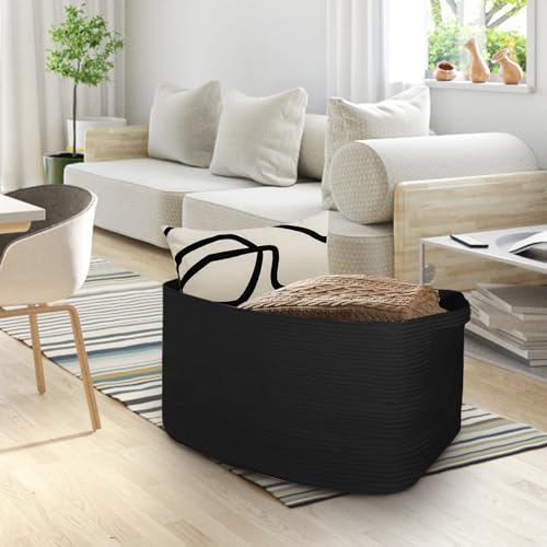 Extra Large Black Basket, 22" X 17" X 12" Rectangle Woven Bin for Storage, Soft Cotton Rope Kids Room Toy Box Bins, Big Wicker Basket Organizer for Blankets, Pillows, Laundry - color: Black