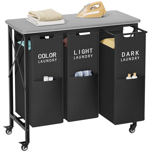 Gewudraw 3 Section Laundry Sorter with Ironing Board, Laundry Hamper with Removable Bags, Heavy Duty Rolling Laundry Cart with Lockable Wheels for Bathroom Bedroom, black - color: Black