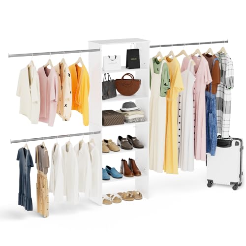 ROOMTEC Closet System, 25.5" Wide Wall-Mounted Closet Organizer Kit with Wood Storage Tower and 3 Hanging Rods, Wardrobe Closet System for Walk-In Closets, White - color: White, size: 25.5 Inch