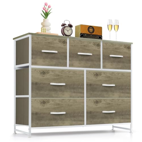 7-Drawer Dresser for Bedroom, Anti-Tip Wide Storage Organizer Fabric Chest of Drawers TV Stand for 45" TV with Wooden Top and Metal Frame for Closet, Living Room, Hallway, Entryway, Greige Oak - color: Greige Oak, size: 11.8"D x 39.3"W x 30.3"H (7 Drawers